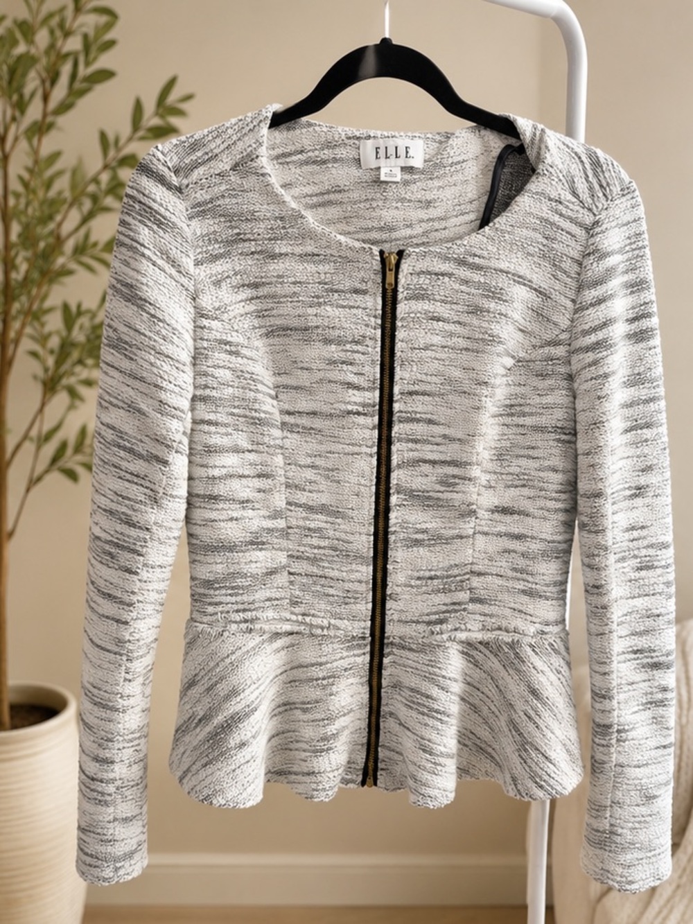 ELLE Black and White Marled Peplum Zip Cardigan Jacket